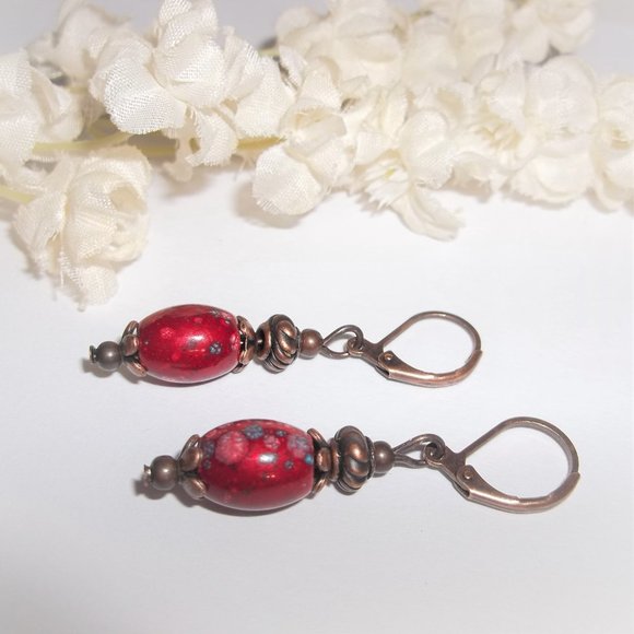 Small Red and Copper Dangle Earring Boho Style Unique Funky Dangly Set Pair 6931 - Picture 4 of 8
